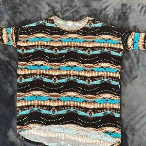 LuLaRoe Irma Tunic: Black with Teal and Brown Patterned Stripes  (M)
